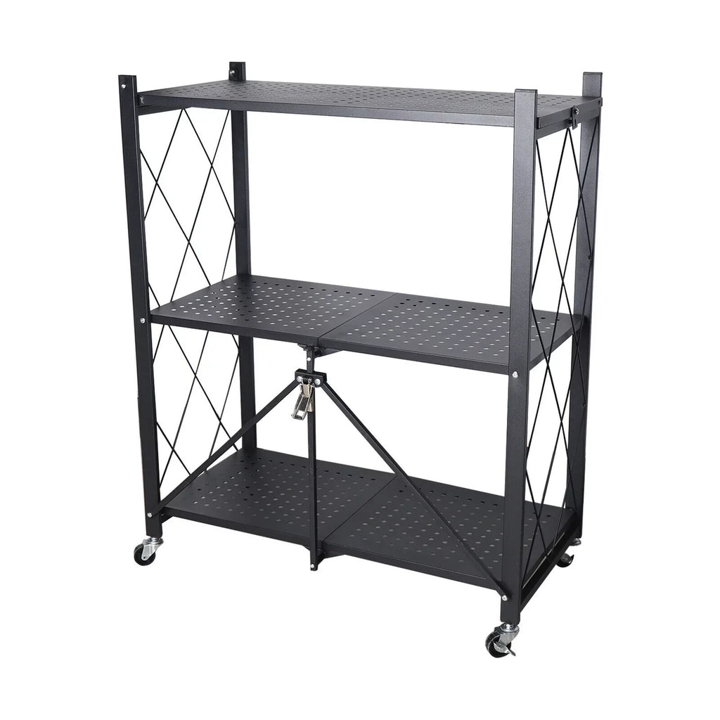 Miumaeov 3-Tier Kitchen Foldable Metal Rolling Trolley Cart Movable Utility Rack Storage Shelves Holder with Wheel (Black)