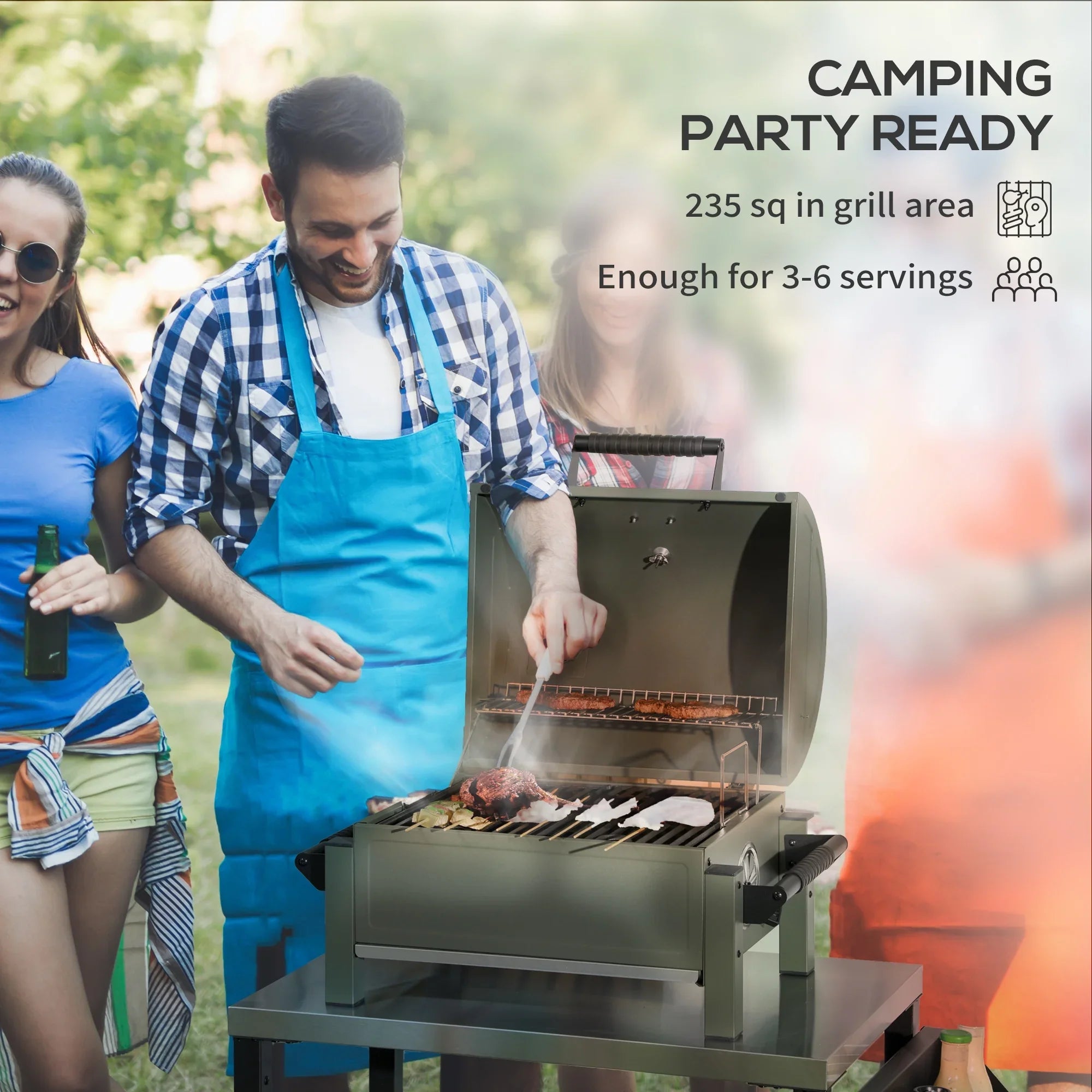 Outsunny Tabletop Charcoal  Grill with Lid, Small Barbecue, Green