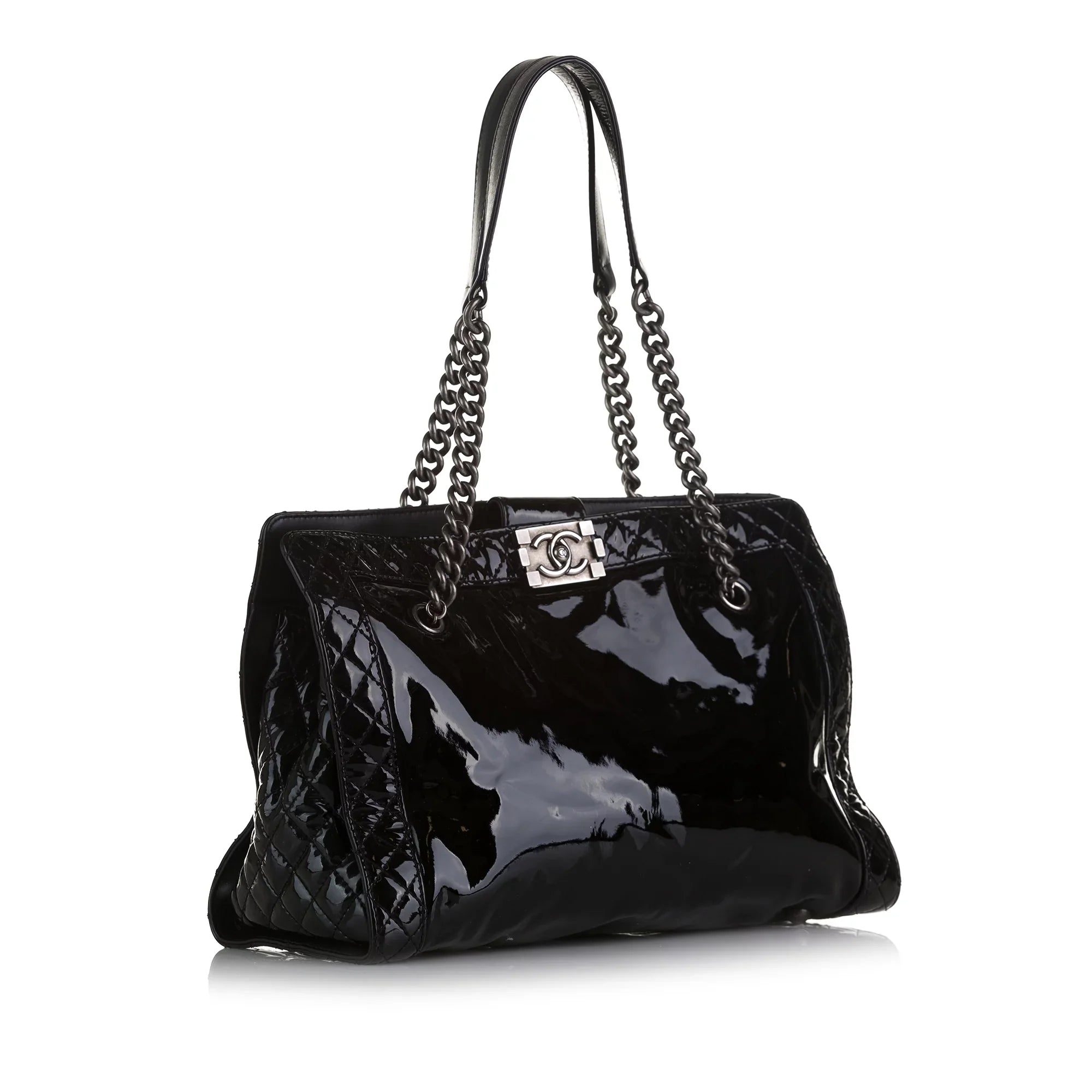 Pre-Owned Authenticated Chanel Patent Boy Reverso Shopping Tote Leather Black Tote Bag Unisex (Good)