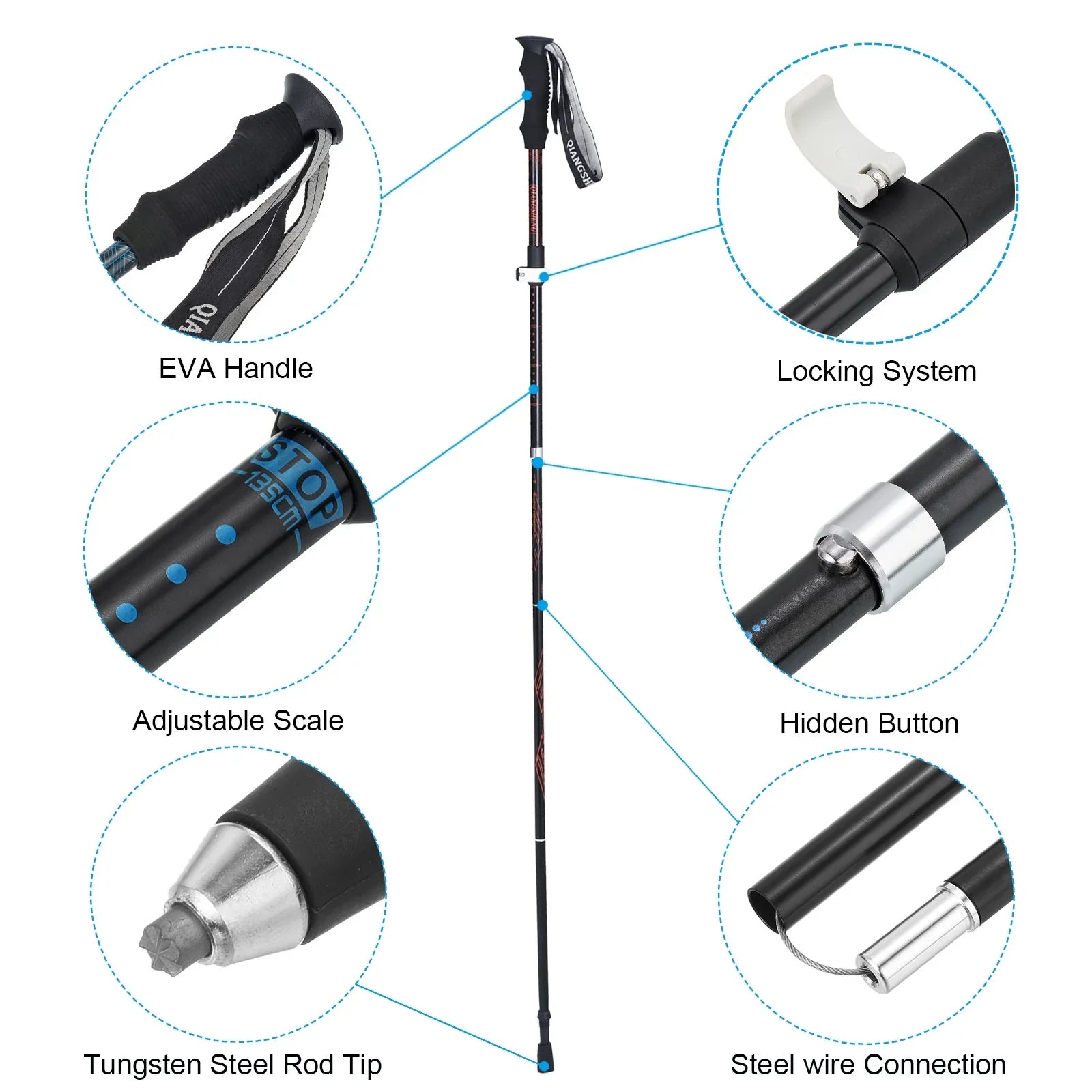 Uxcell Trekking Poles, Collapsible Hiking Pole 53 Inch Telescopic Blue 2Pack
