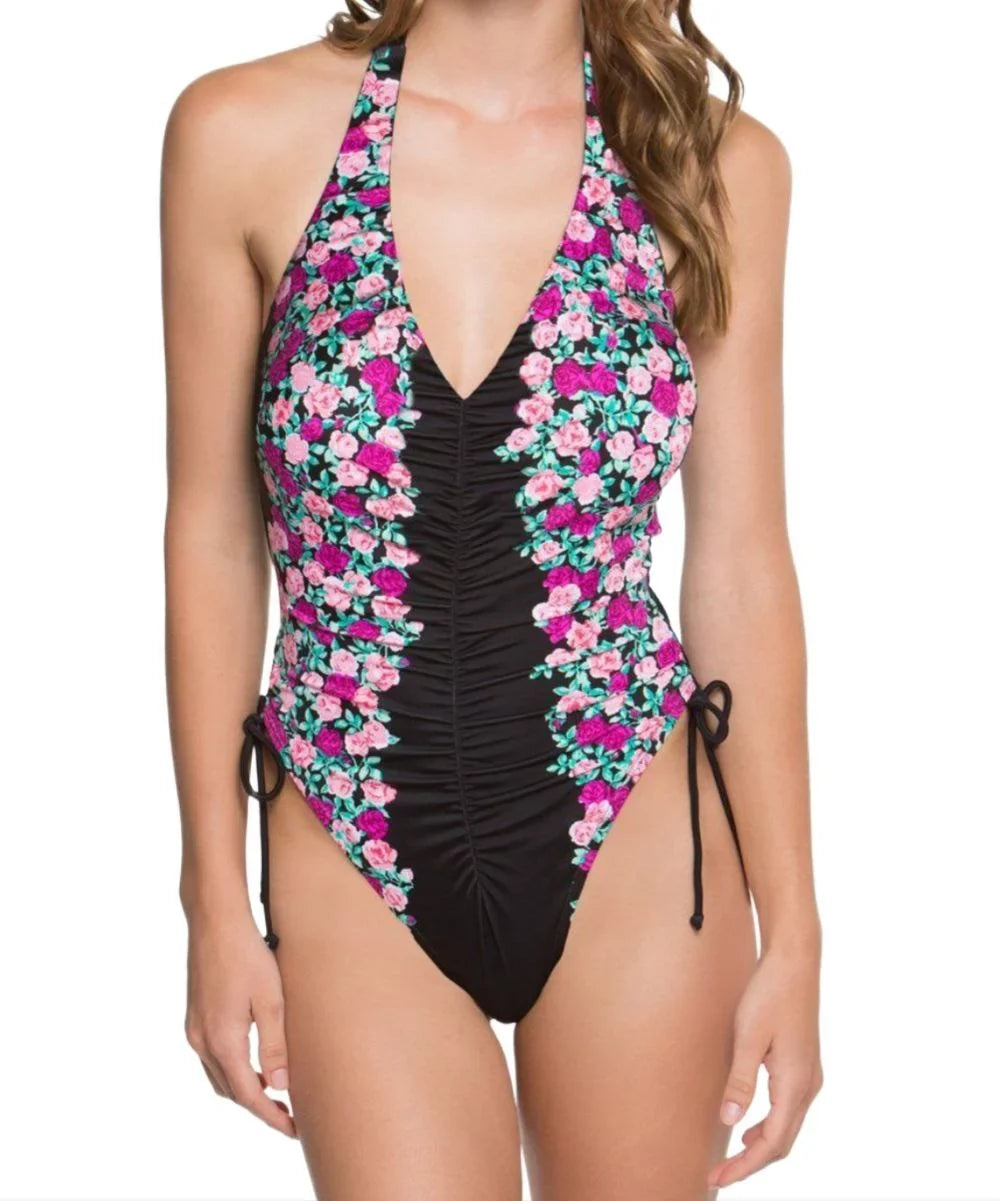 Women's Floral Pattern One Piece Swimsuit, Black, Large
