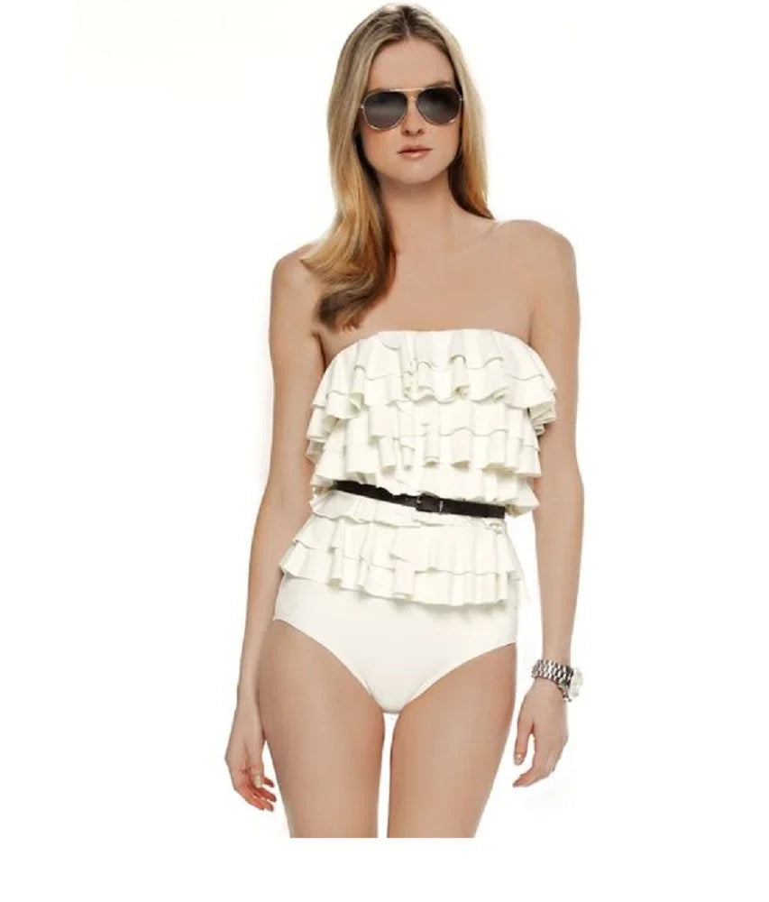 Michael Kors Women's Natural Cascading Tiered Ruffle Swimsuit, Cream, 6