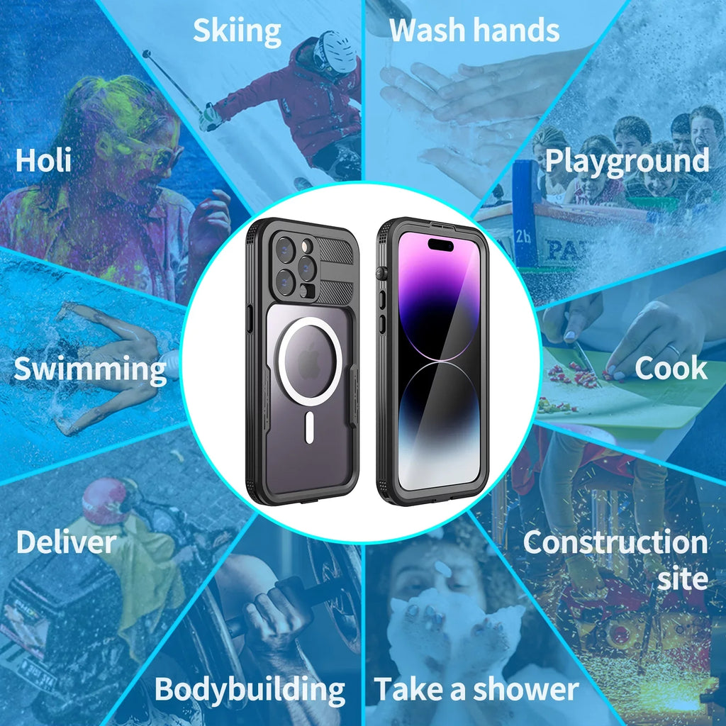 for iPhone 14 Pro Max 6.7" Case Waterproof, Built-in 6H Screen Protector [Real 360][ Underwater][14FT Military Dropproof][Dustproof][Compatible with MagSafe] for iPhone 14 Pro Max - Black
