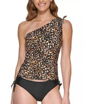 Women's Printed One Shoulder Tankini Top Swimsuit Black Size Medium