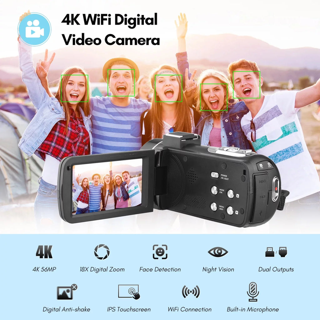 Andoer-2 4K Digital Video Camera WiFi Camcorder  Recorder 56MP 18X Digital Zoom 3.0 Inch  Touchscreen Supports Face Detection  Night Vision -shake with 2pcs Batteries + Remote Control + Carry