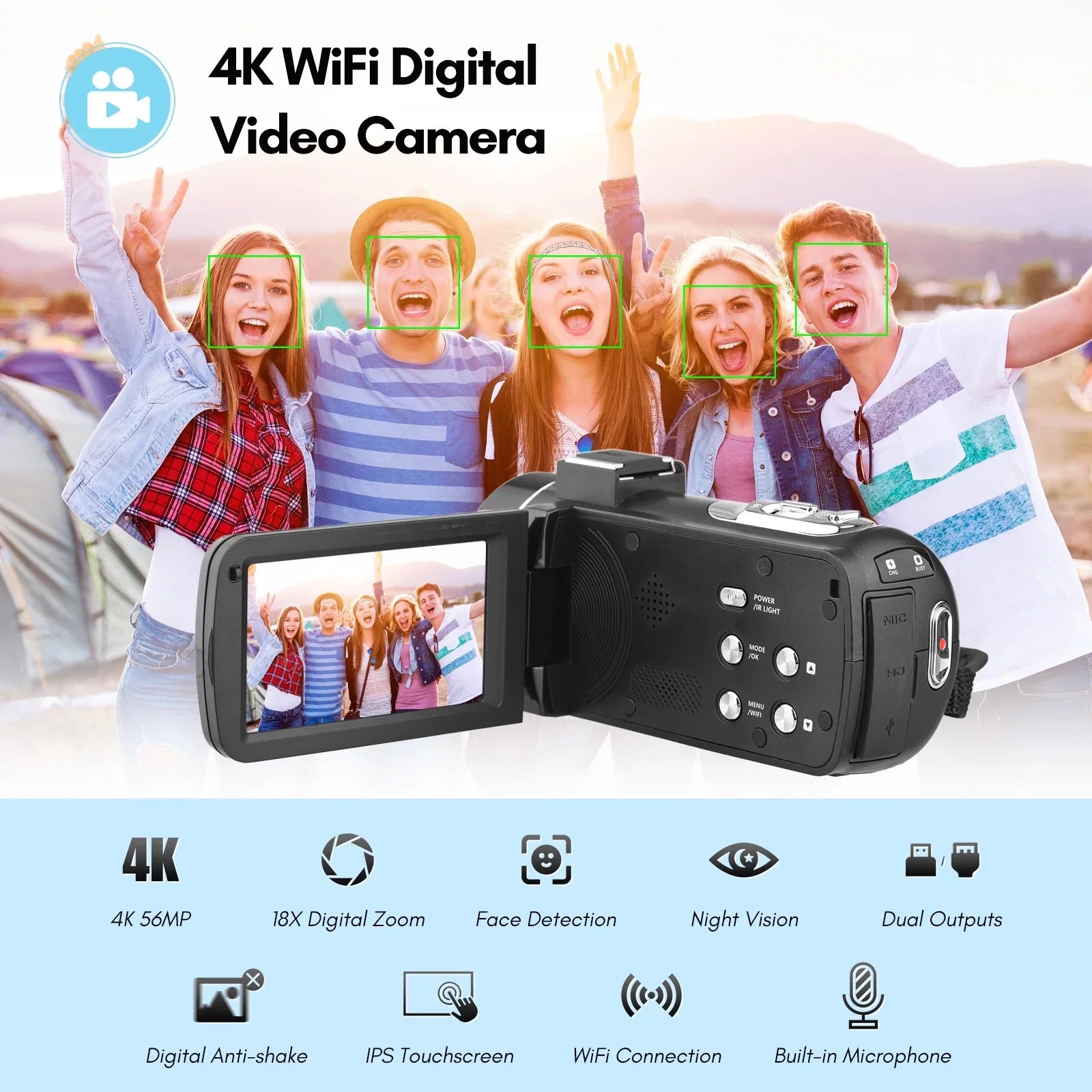Andoer-2 4K Digital Video Camera WiFi Camcorder  Recorder 56MP 18X Digital Zoom 3.0 Inch  Touchscreen Supports Face Detection  Night Vision -shake with 2pcs Batteries + Remote Control + Carry