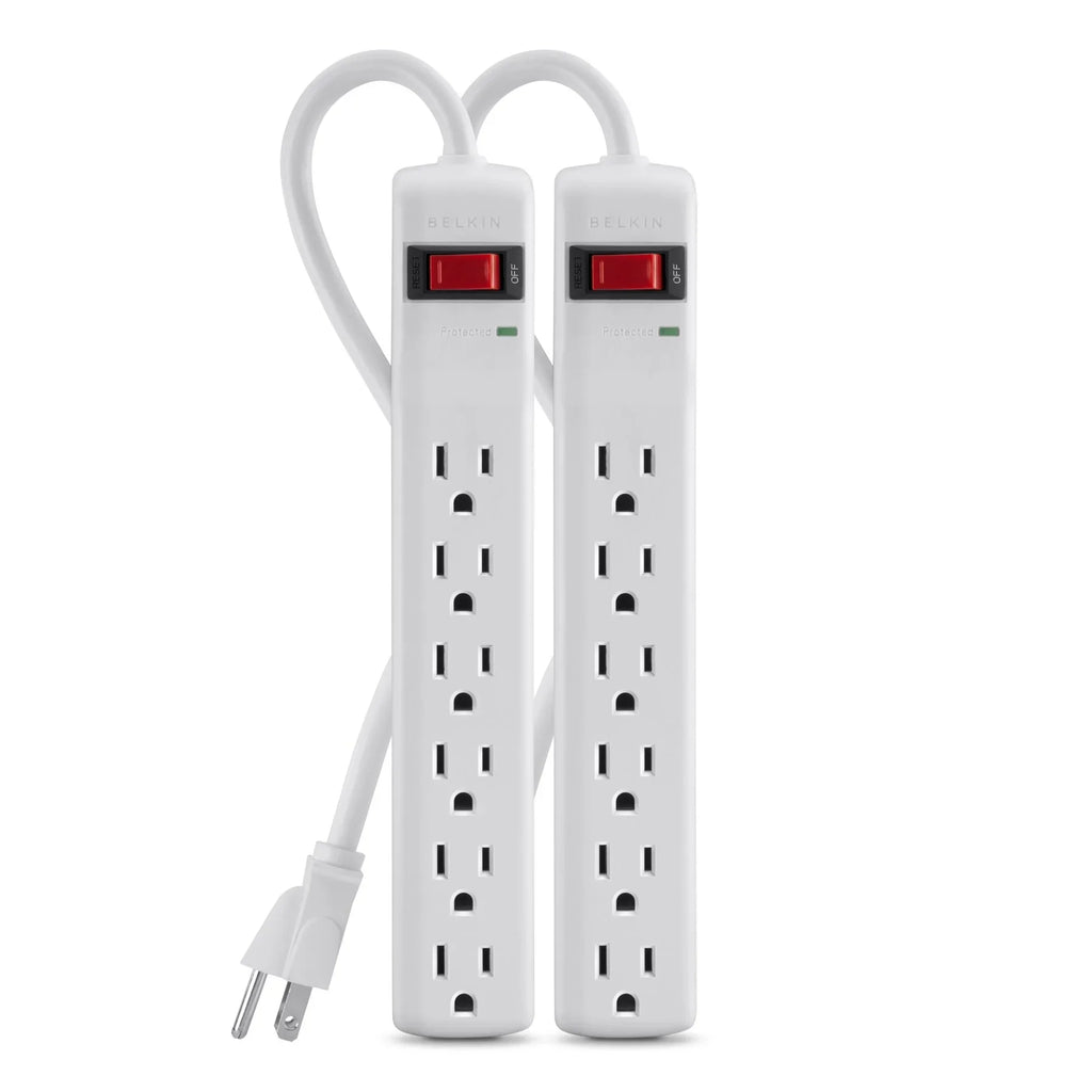 Belkin Power Strip Surge Protector - 6  Multiple Outlets, 2 ft Long Heavy Duty Metal Extension Cord for Home, Office, Travel, Computer Desktop & Phone Charging Brick - 200 Joules, White (2 Pack)