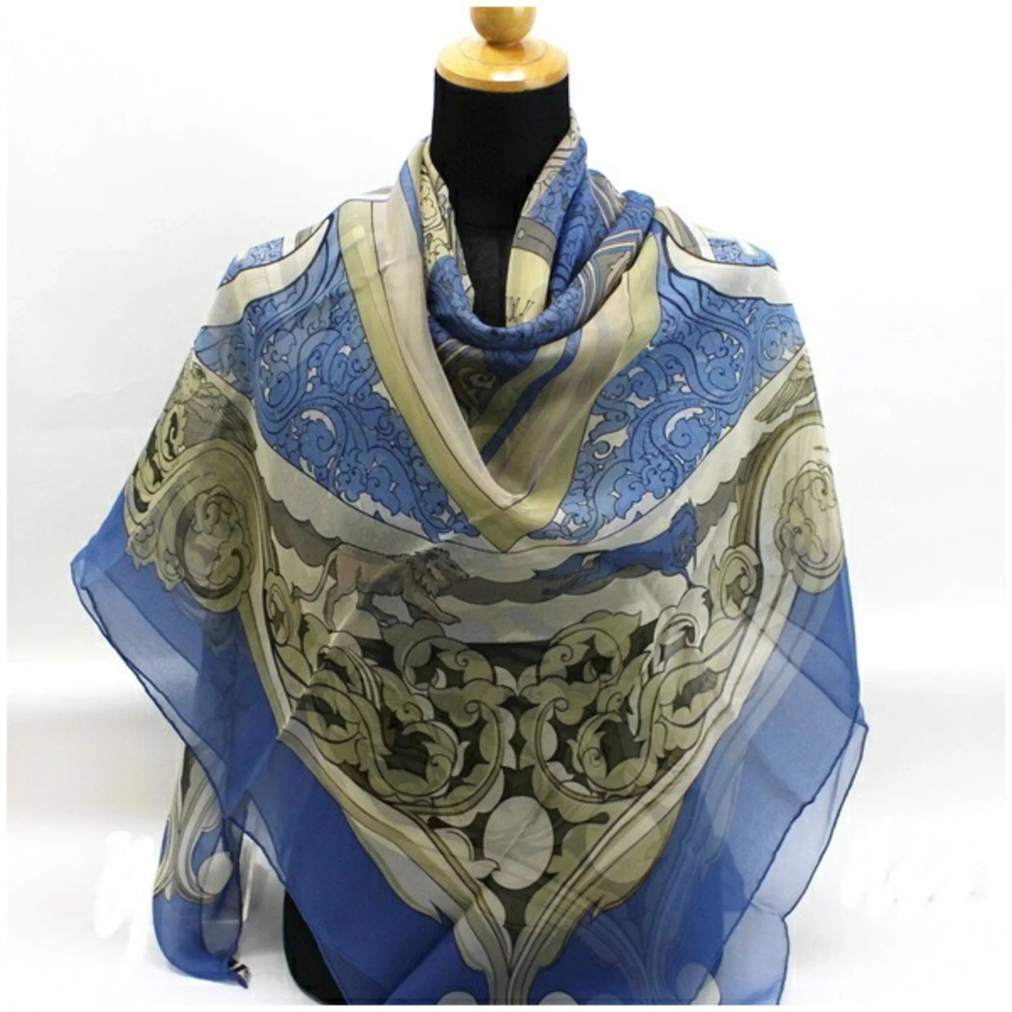 Pre-Owned Hermes Silk Scarf Muffler Carre 140 " " Animals of the Sun Blue  Ladies Chiffon (Good)