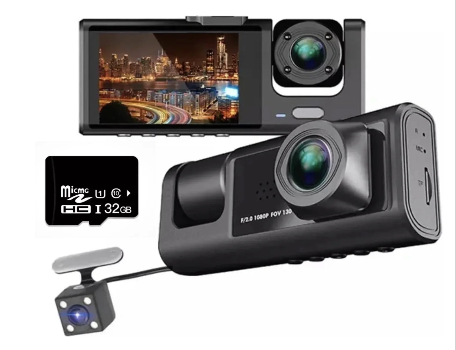 3 Channel Dash cam, 2-inch Screen Driving Recorder, High-Definition 1080P, Night Vision, Loop recording, Motion Detection, -Sensor +32   Card