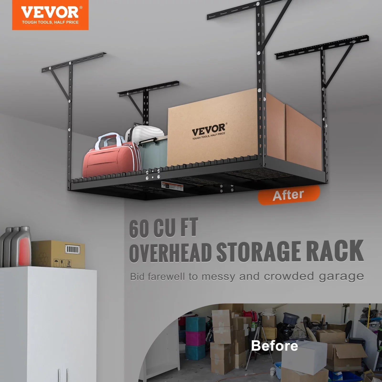 Overhead Adjustable Garage Storage Rack 36x72in Ceiling Rack 550lbs Black