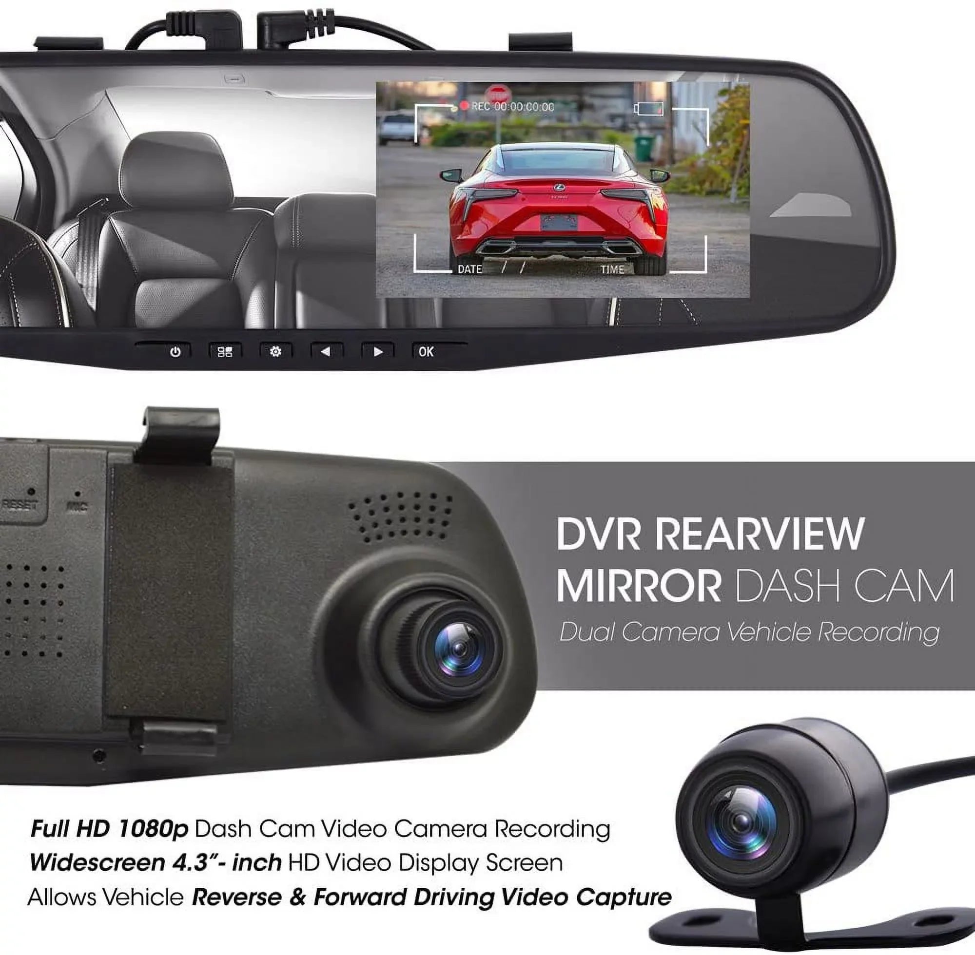Pyle  1080p 4.3" Dual Camera Dash Cam Vehicle Recording System Rearview Mirror