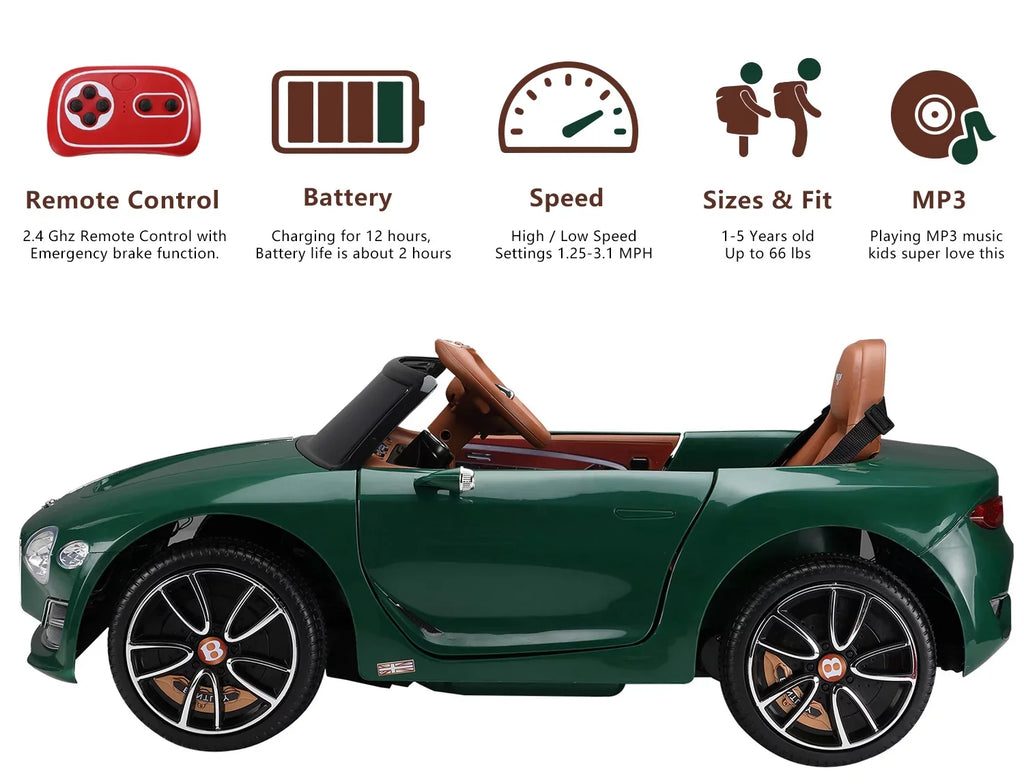 Official Licensed Bentley Ride on Car, 12V Electric Car for Boys Girls Age 3+, Ride on Car with Remote Control, Music, Green