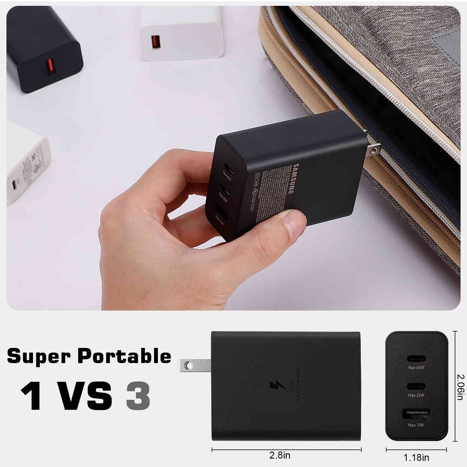 65W Fast Travel Charger with 3 Ports -  & Dual - - High-Speed Charging for Xperia Z3v// Compact/ Tablet / Tablet Wi-Fi iPhone, Samsung Galaxy, Laptops, Phones Google Pixel, MacBook