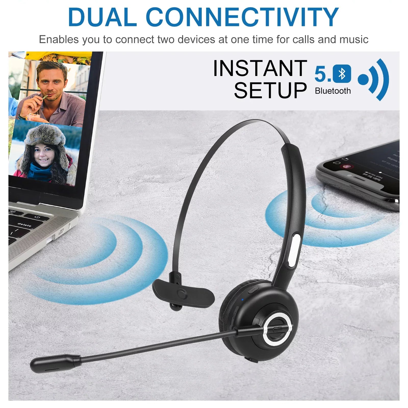 Comfortable Bluetooth Headset, - Wireless Headset with Microphone, Wireless Cell Phone Headset with Noise Isolation Mic Charging Base Mute Function for Oppo  Pro With Charging Dock