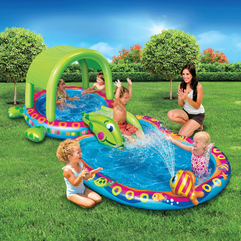 Banzai Shade ' Slide Turtle Inflatable Kiddie Splash Pool with Sprinkler