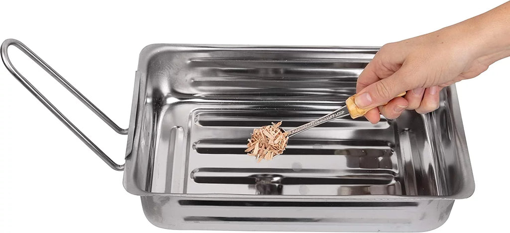 Stovetop Smoker - Gourmet Mini (7” x 11” x 3.5”) Stainless Steel Smoking Box with Wood Chip Sample - Works Over Any Heat Source, Indoor or Outdoor