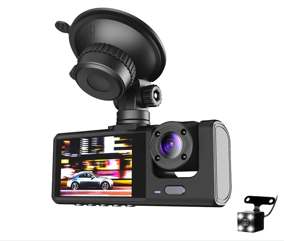 3 Channel Dash cam, 2-inch Screen Driving Recorder, High-Definition 1080P, Night Vision, Loop recording, Motion Detection, -Sensor +32   Card