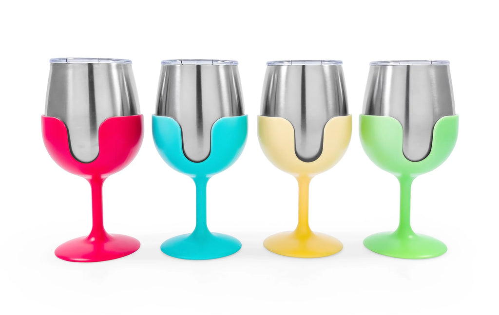 Camco Life is Better at the Campsite Wine Tumblers | Features a Vacuum Insulated Kitchen Grade 18/8 Stainless Steel Construction, 4 Colorful Removable Stems, and Comes in a 8oz Size (53068)