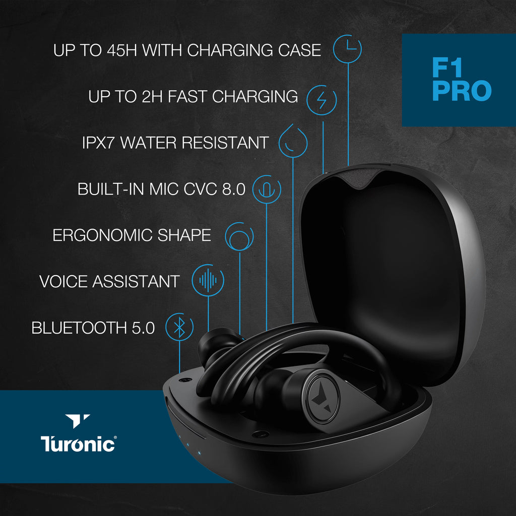 Turonic  Pro - True Wireless Earbuds - 45H Playtime, Charging case, Mic,  Waterproof Bluetooth Headphones w/Microphone - Sport Wireless Earphones with Earhook for Gym, Running, Workout - Black