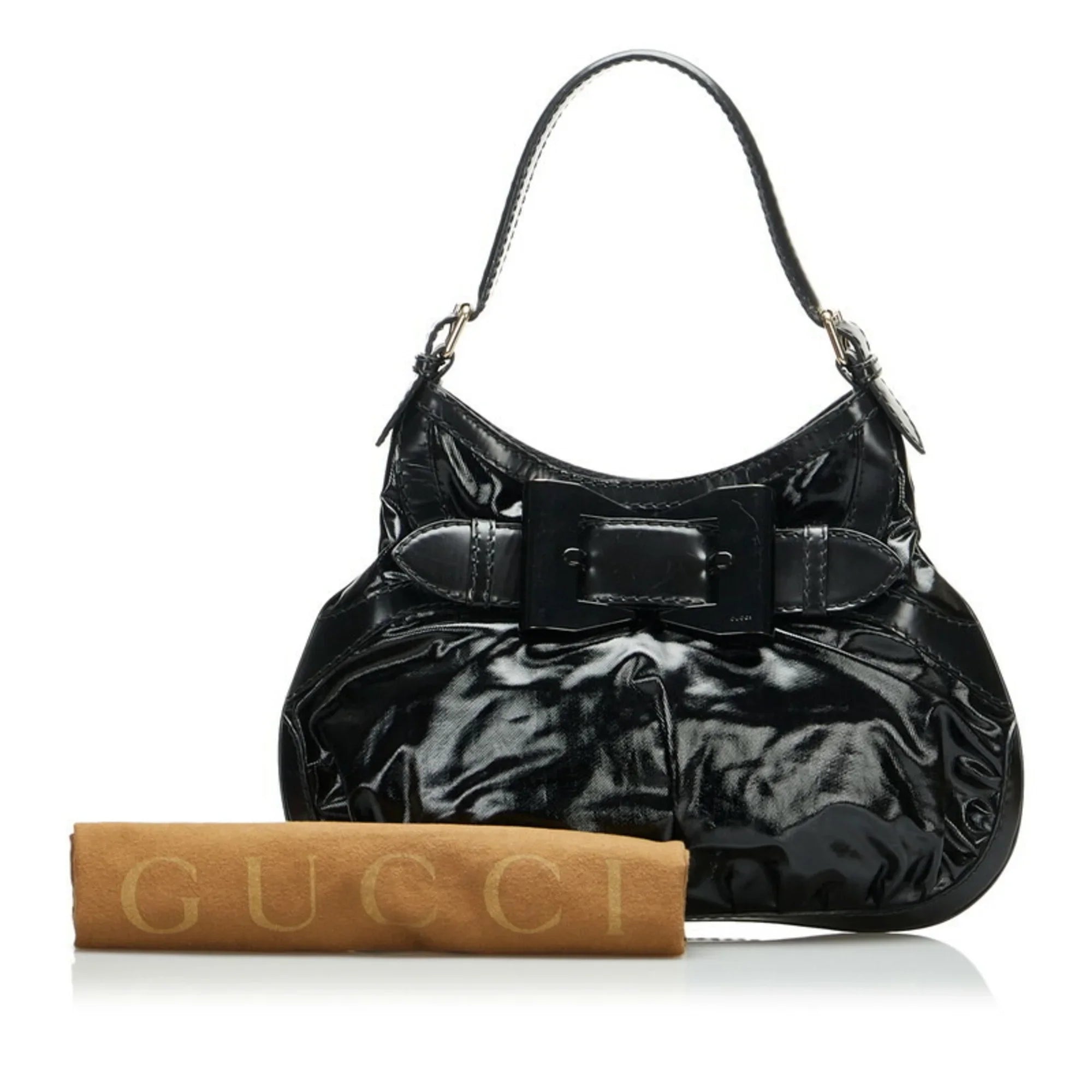 Pre-Owned Gucci Ribbon Handbag Hobo Bag 189885 Black Patent Leather Ladies  (Good)