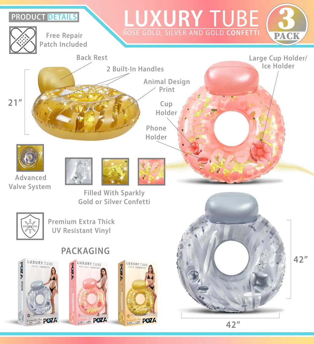 Inflatable Luxury Tubes with Back Rest - Rose Gold, Gold, Silver Sparkle Confetti Filled Luxurious Lounger, Thick Pool Float Tubes, Built in Phone and Cup Holder with Handles, 42 Inch, Pack of 3