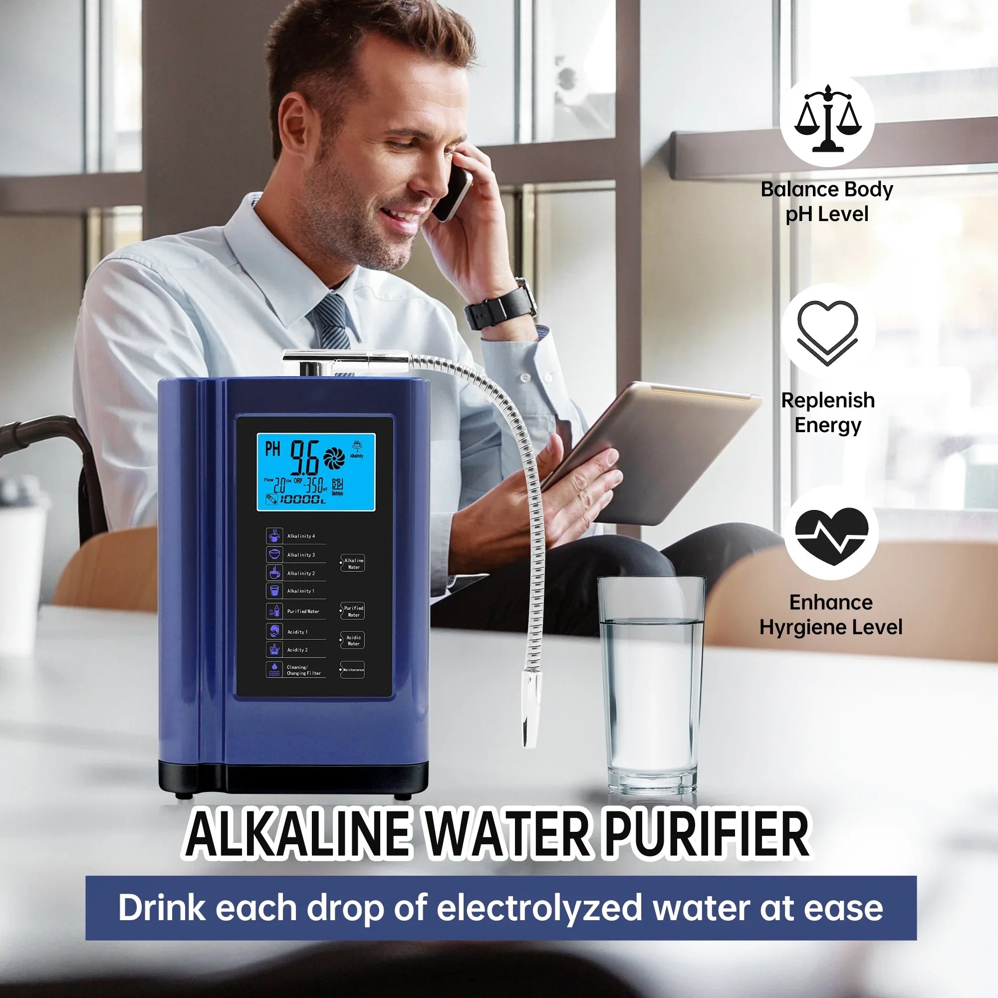 Alka  Water Ionizer, Water Purifier Machine  3.5-10.5 Alkaline Acid Water Machine,Up to -500mV , 8000 Liters Per Filter,7 Water Settings,Auto-Cleaning,Intelligent Voice (blue )