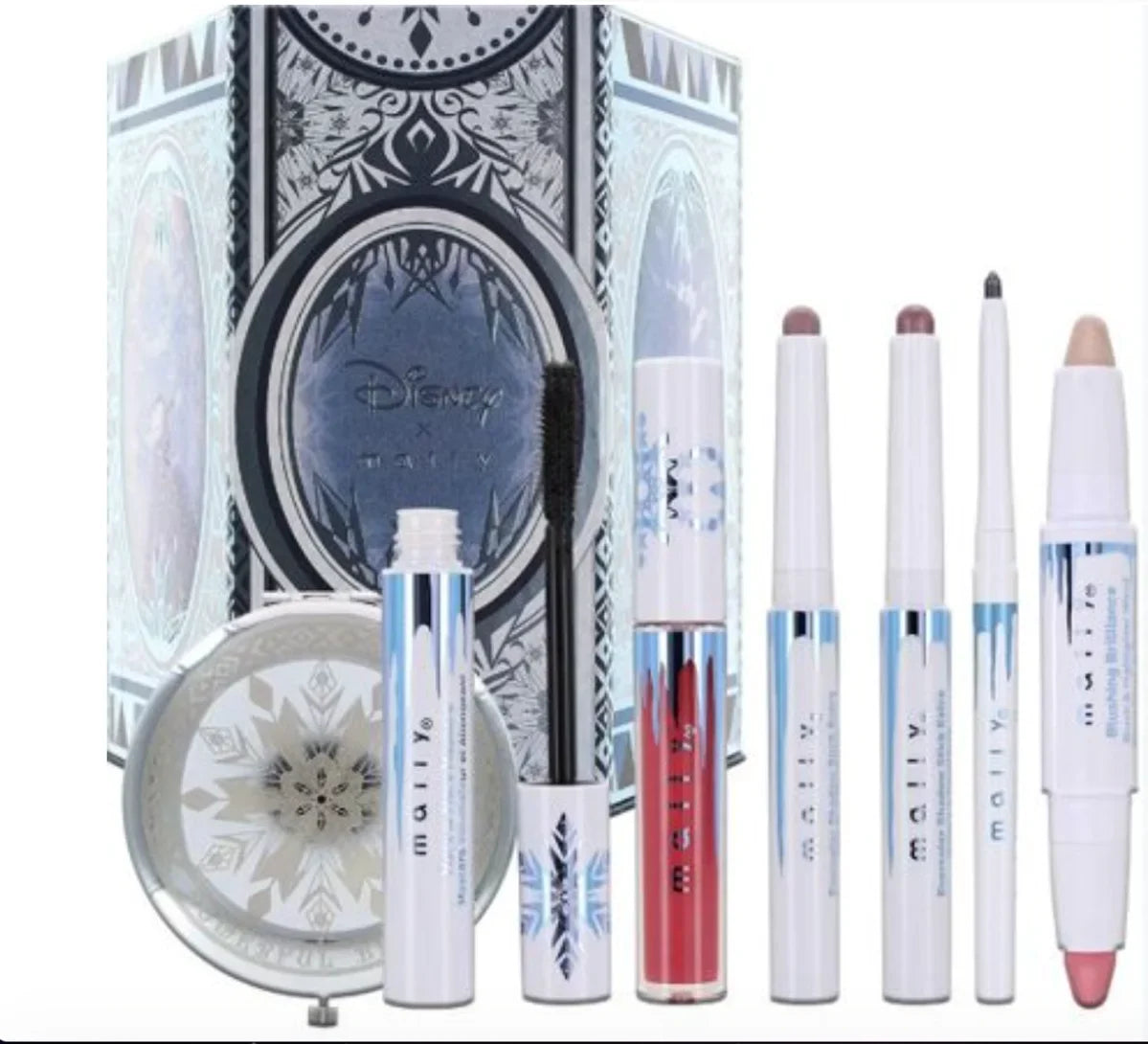 Mally Beauty Holiday Frozen Elsa 7-piece Collection, Contains Mascara, Shadow Sticks, Liner, Blush, Highlighter, Lip Gloss, and Engraved Compact Mirror