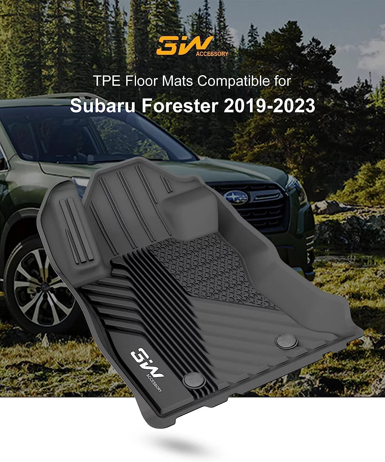 3W Car Floor Mats Liners for 2019-2023 Subaru Forester, All-Weather Mats Floor Liner Set,  Material, Black