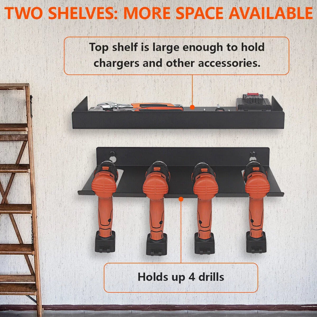 Drill Organizer Rack,Wall Mount Cordless Drill Tool Holder Power Tool Storage | Holds 4 Drills Garage Tool Box