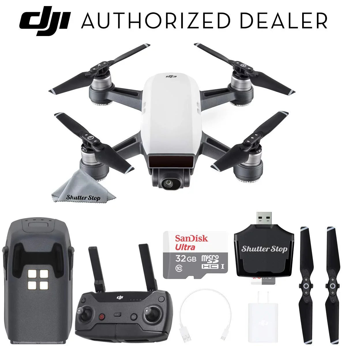 Spark Drone Quadcopter (Alpine White) with Remote Controller, Battery, Sandisk 32GB Memory Card, Card Reader, Charger, Bundle Starter Kit