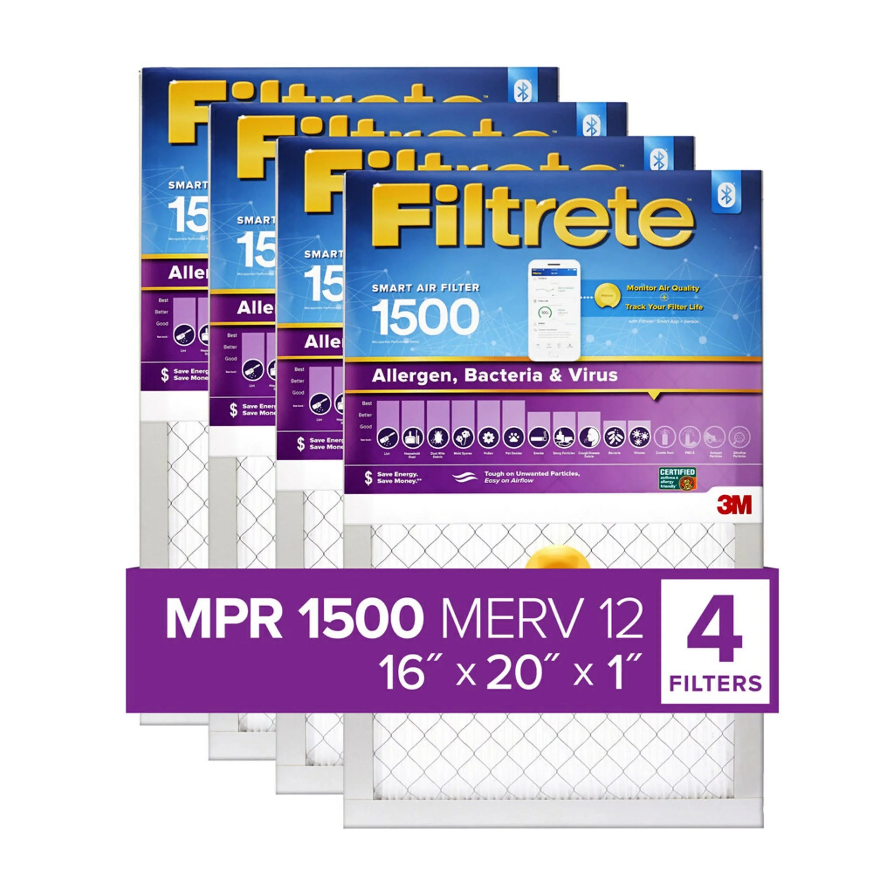 Filtrete by 3M, Smart 16x20x1,  12, Allergen, Bacteria & Virus  Air and Furnace Filter, Captures Allergens, Bacteria, Viruses, 1500 , 4 Filters