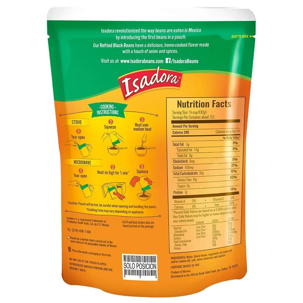 Isadora Refried Beans 15.2oz Pouch (Black Beans, 6 Pack)