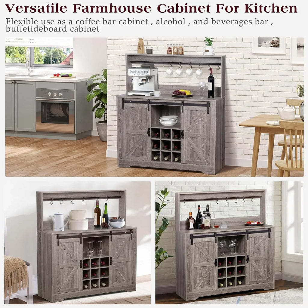 Urban Deco Coffee Bar Cabinet with Rack and Storage,Liquor Bar Buffet Sideboard with 6 Hooks for Kitchen Dining Room(Gray)