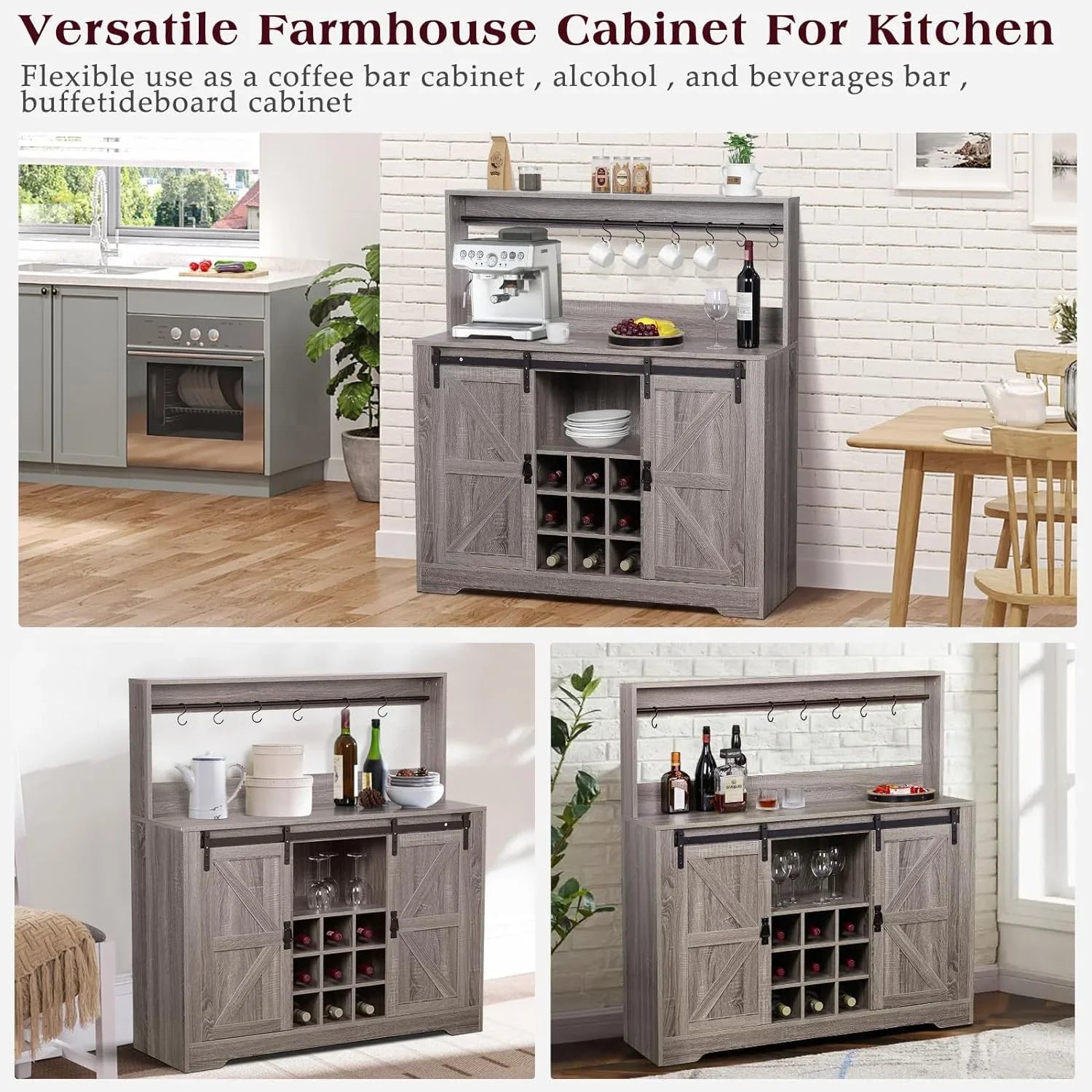 Urban Deco Coffee Bar Cabinet with Rack and Storage,Liquor Bar Buffet Sideboard with 6 Hooks for Kitchen Dining Room(Gray)