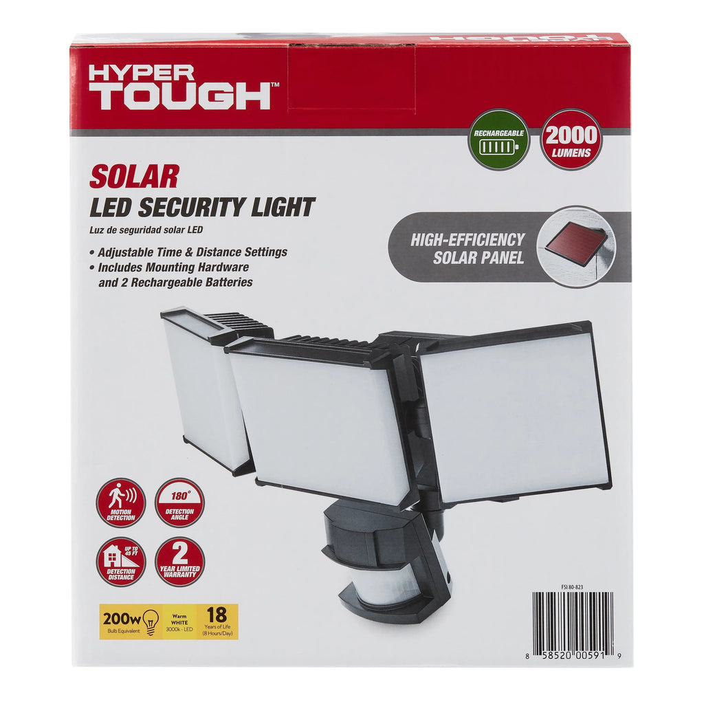 Hyper Tough Solar Three Head  Motion Sensing Security Flood Light, Outdoor, Black, 2000 Lumen