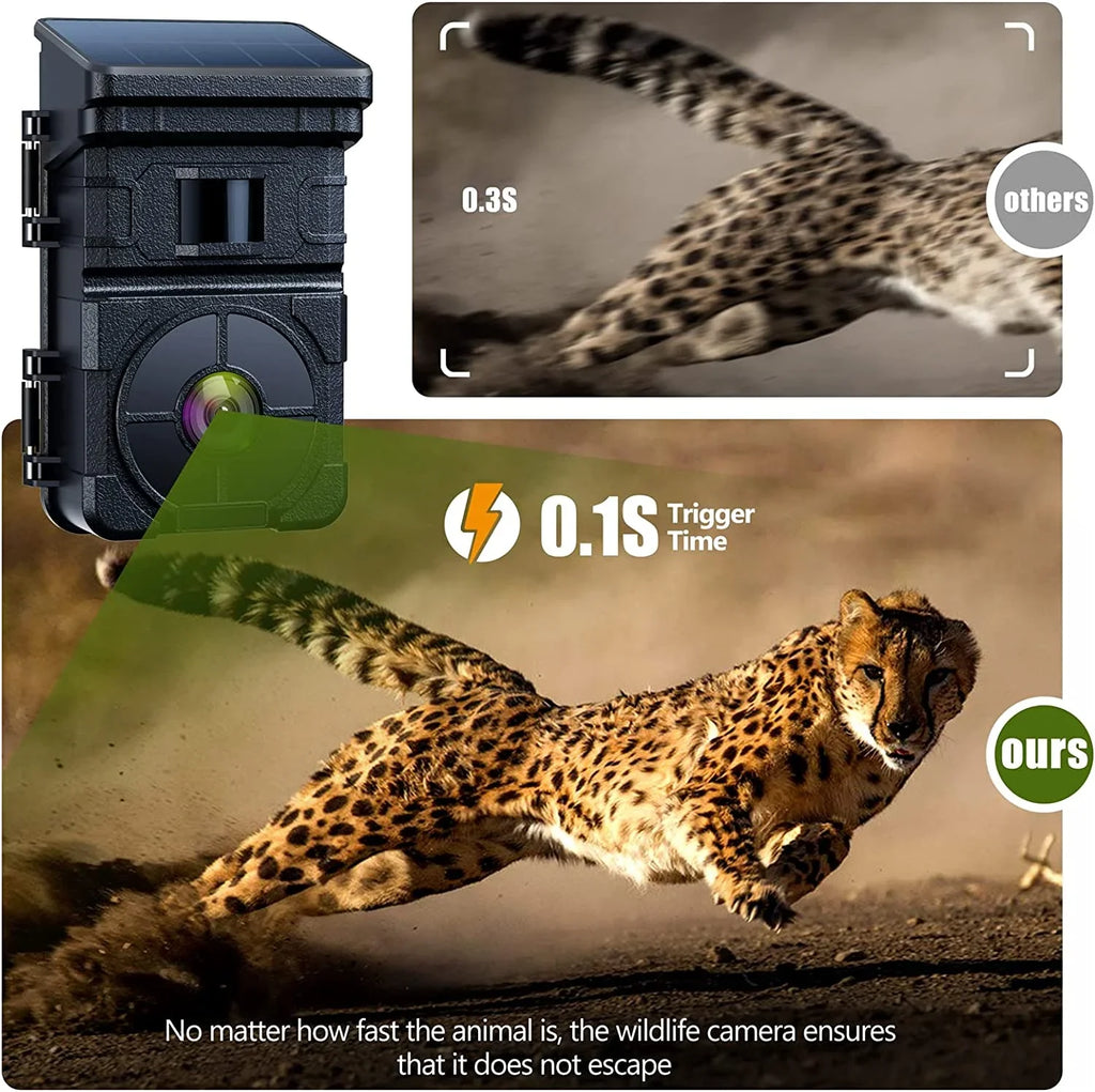Solar Trail Camera 24MP 1080P Game Camera with 2500mAh Built-in Lithium Battery Rechargeable Night Vision Waterproof  Motion Activated 0.1s Trigger Speed 120°Wide Angle Hunting Cam