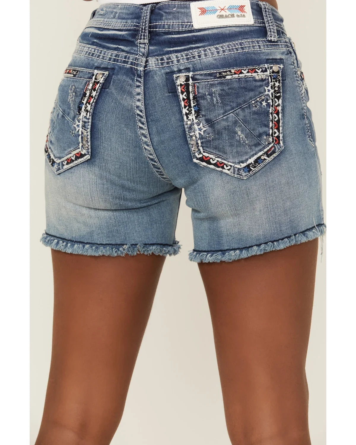 Grace In  Women's Americana Embroidered Distressed Cut-Off Stretch Denim Jean Shorts (26)