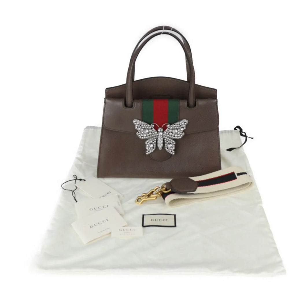 Pre-Owned  Gucci Totem Sherry Handbag 505342 Leather Rhinestone Brown 2WAY Shoulder Bag Butterfly Motif (Good)
