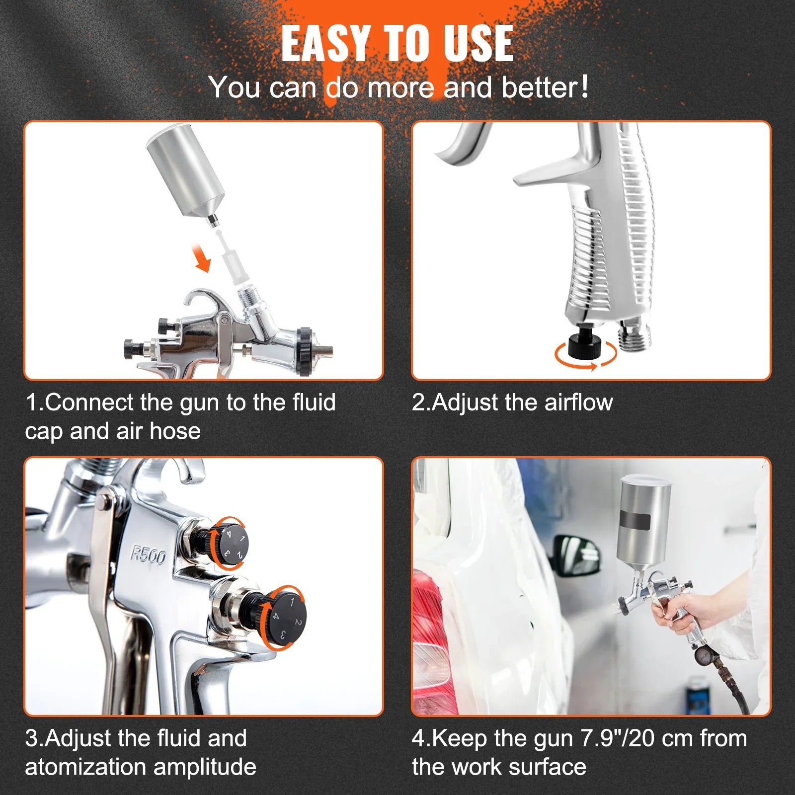 Spray Gun, High Performance Automotive Gravity Feed Spray Gun with 1.3mm 1.4mm 1.8mm Stainless Steel Nozzles, 1000cc Aluminum Cup for Auto Paint, Primer, Clear/Top Coat & Touch-Up
