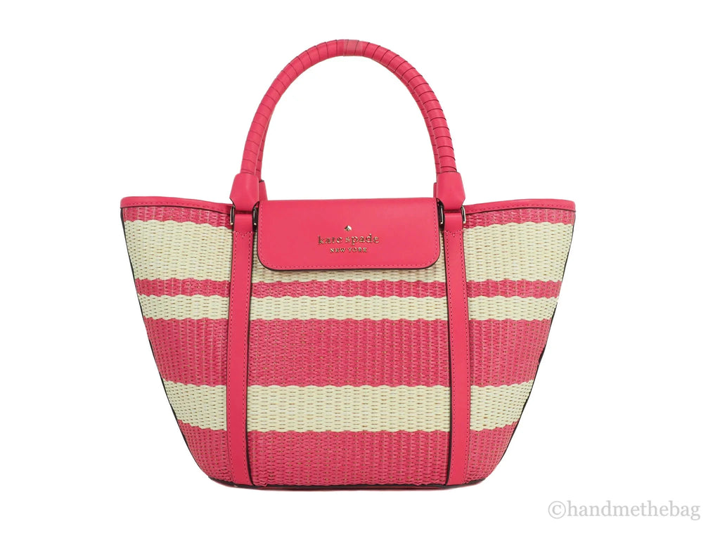 Kate Spade Cruise Medium Straw Bikini Pink Striped Convertible Tote Bag Handbag