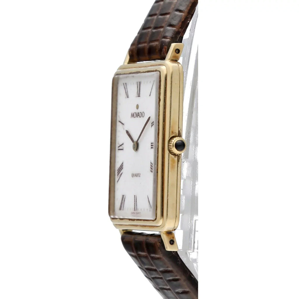 Movado 7041485 14k Yellow Gold White Roman Dial Tank Quartz Wrist Watch