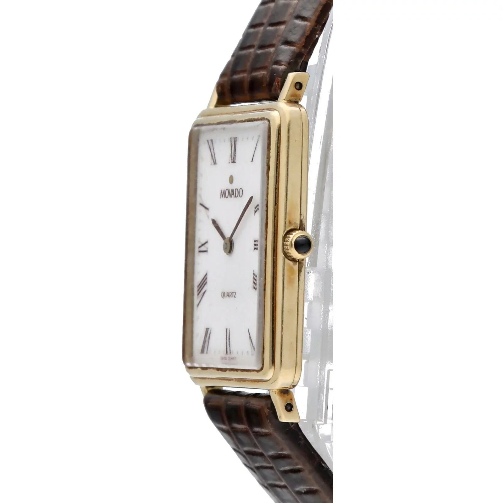Movado 7041485 14k Yellow Gold White Roman Dial Tank Quartz Wrist Watch