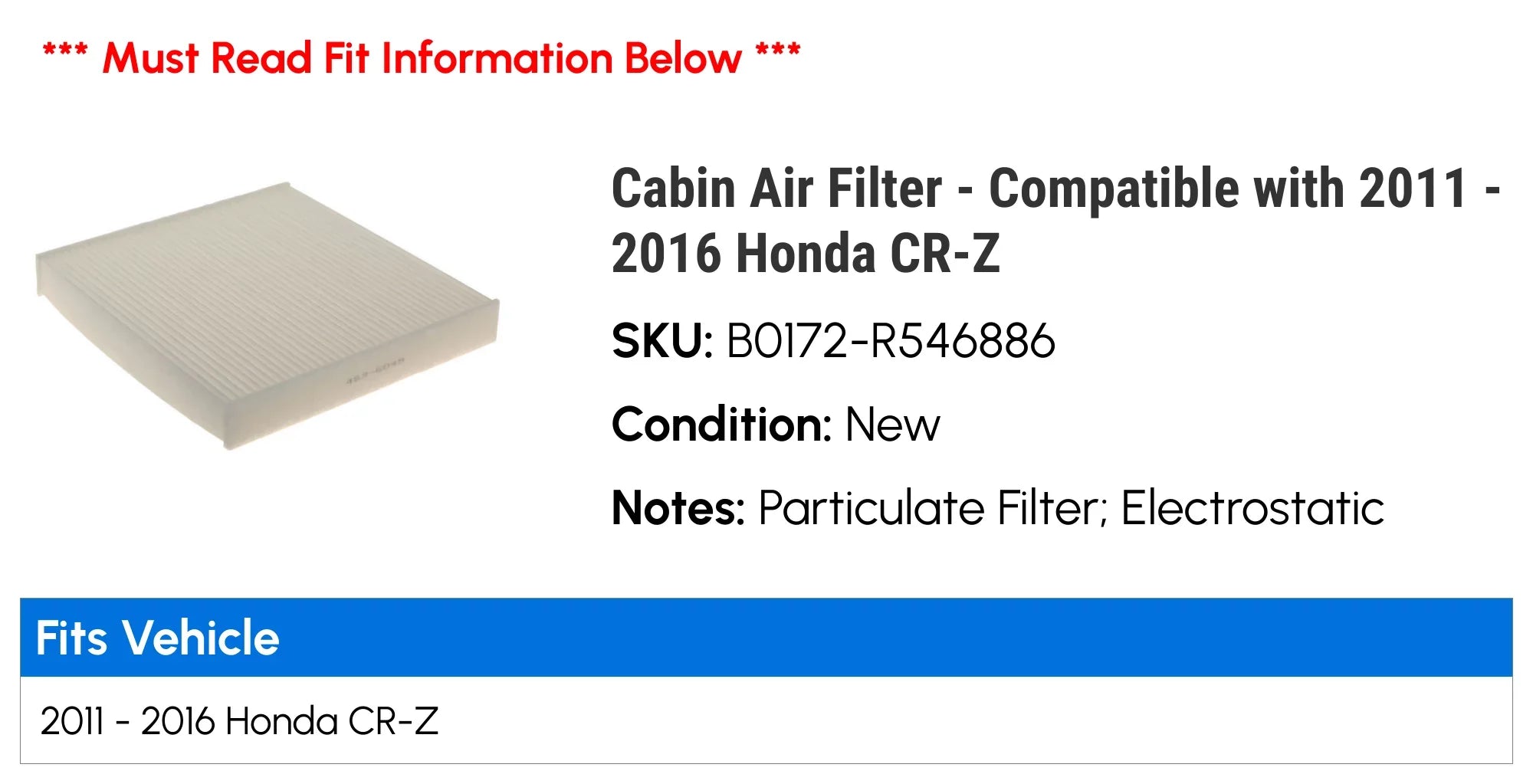 Cabin Air Filter - Compatible with 2011 - 2016 Honda - 2012 2013 2014 2015