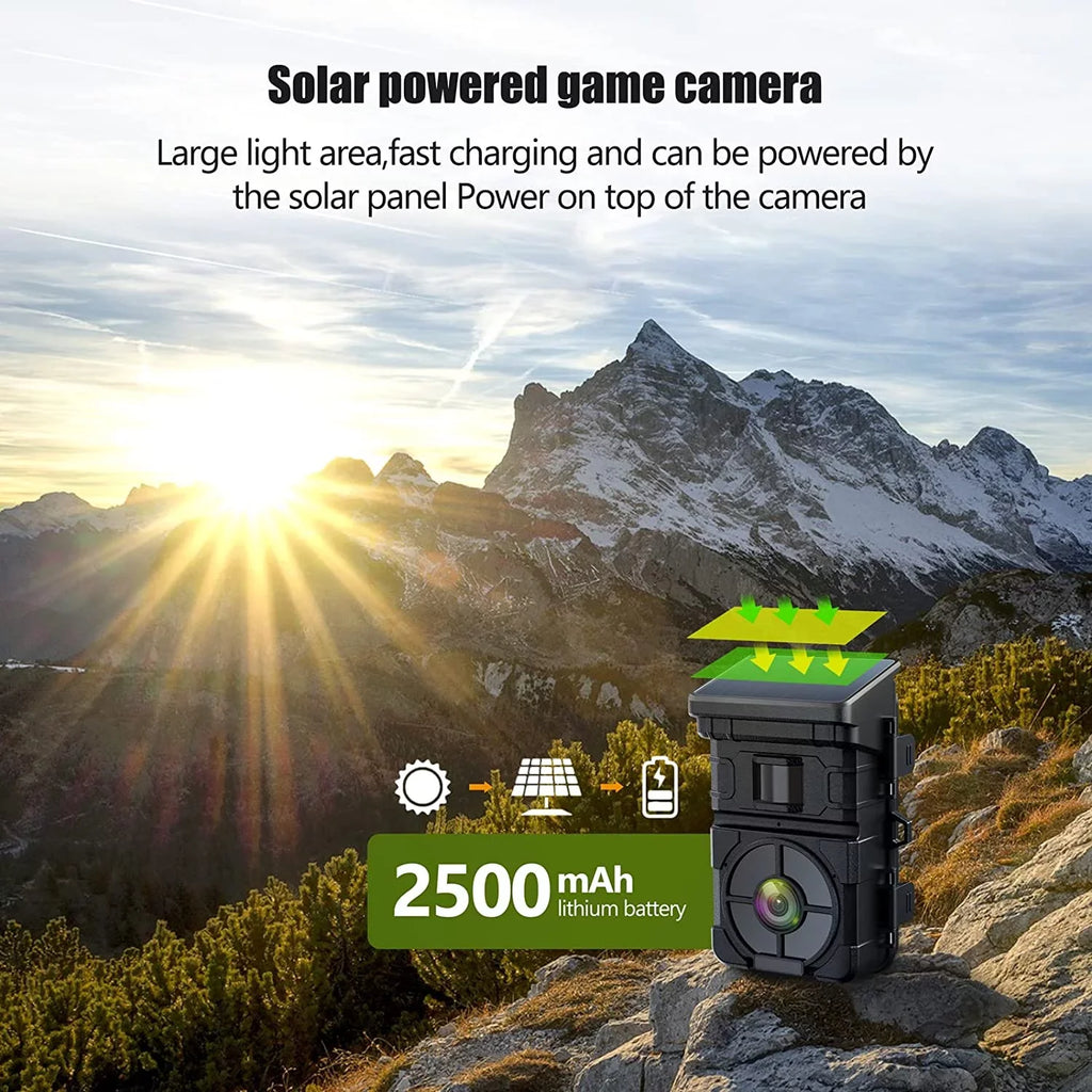 Solar Trail Camera 24MP 1080P Game Camera with 2500mAh Built-in Lithium Battery Rechargeable Night Vision Waterproof  Motion Activated 0.1s Trigger Speed 120°Wide Angle Hunting Cam