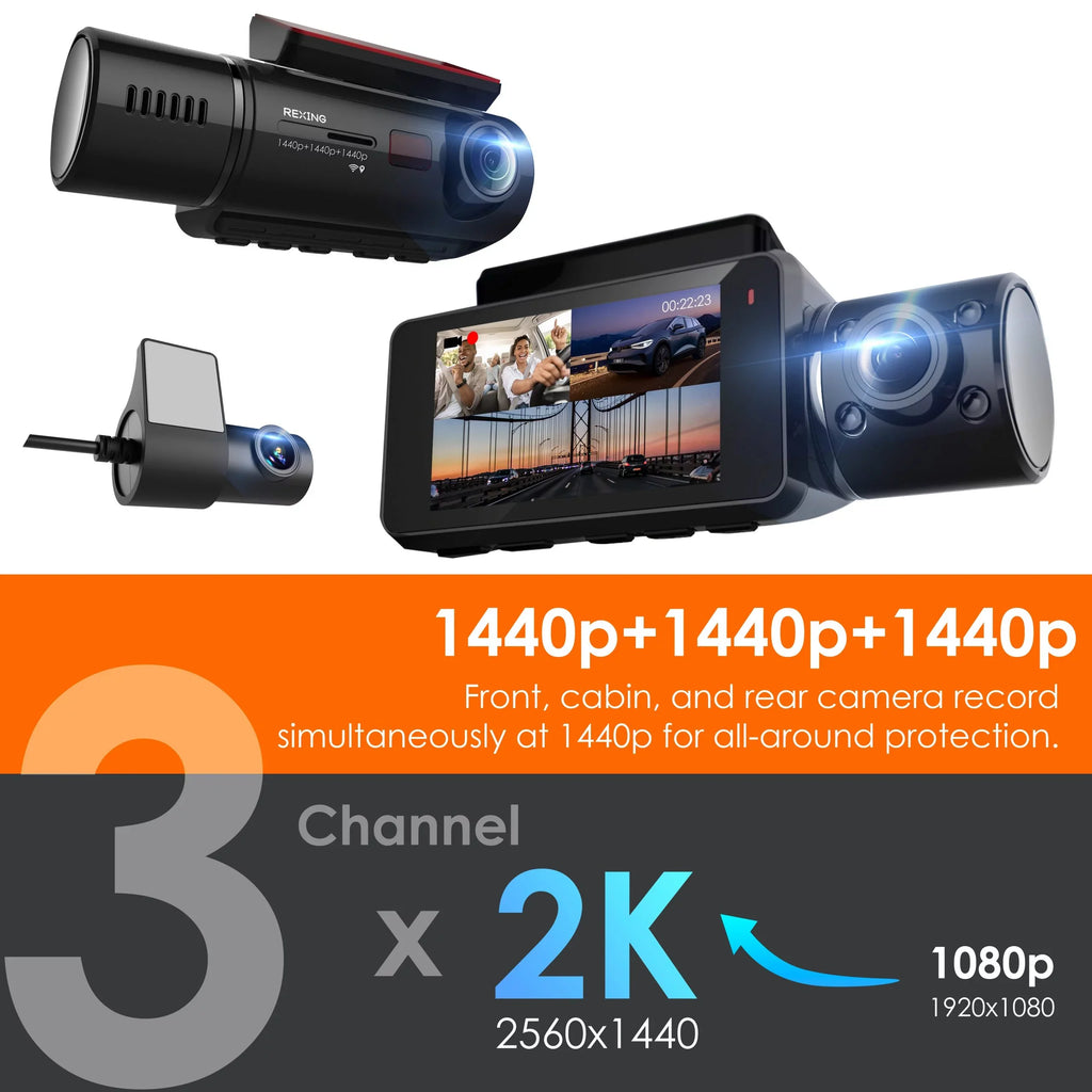 Rexing  3 Channel 1440p+1440p+1440p Front, Cabin and Rear Camera Dashcam with Built-in Wi-Fi &