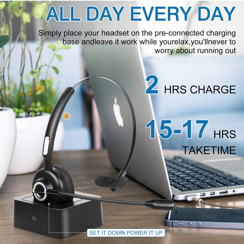 Comfortable Bluetooth Headset, - Wireless Headset with Microphone, Wireless Cell Phone Headset with Noise Isolation Mic Charging Base Mute Function for Oppo  Pro With Charging Dock
