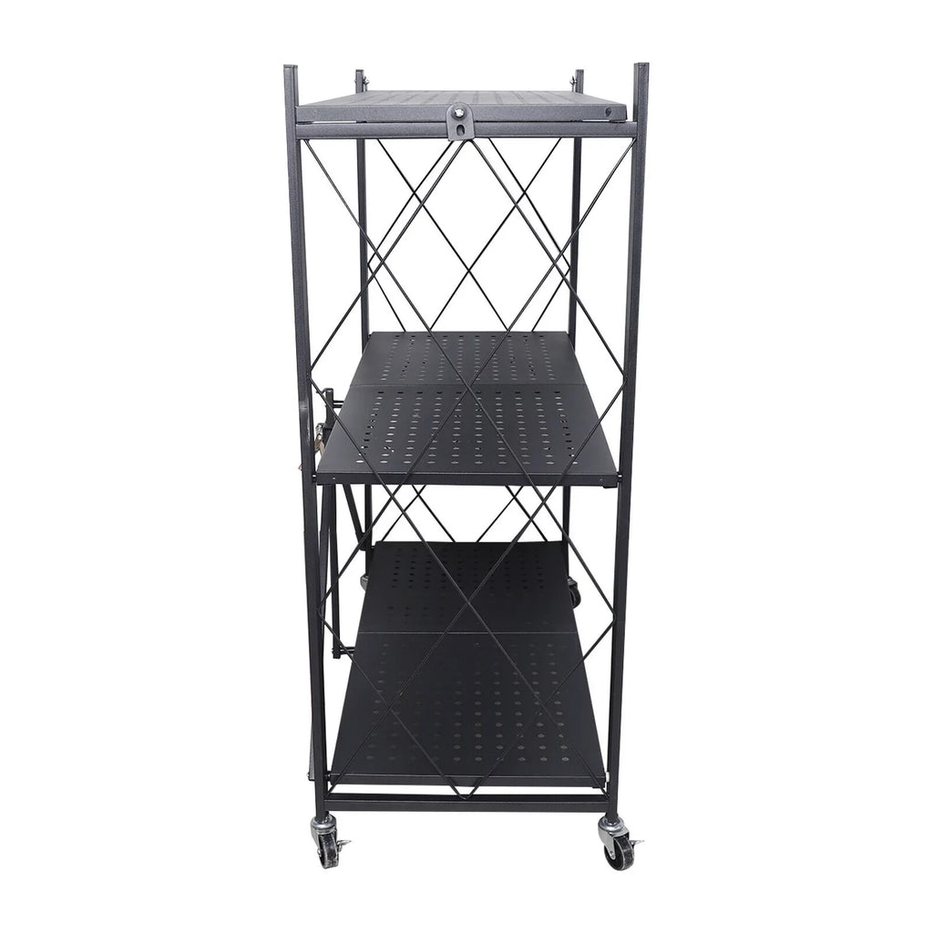 Miumaeov 3-Tier Kitchen Foldable Metal Rolling Trolley Cart Movable Utility Rack Storage Shelves Holder with Wheel (Black)