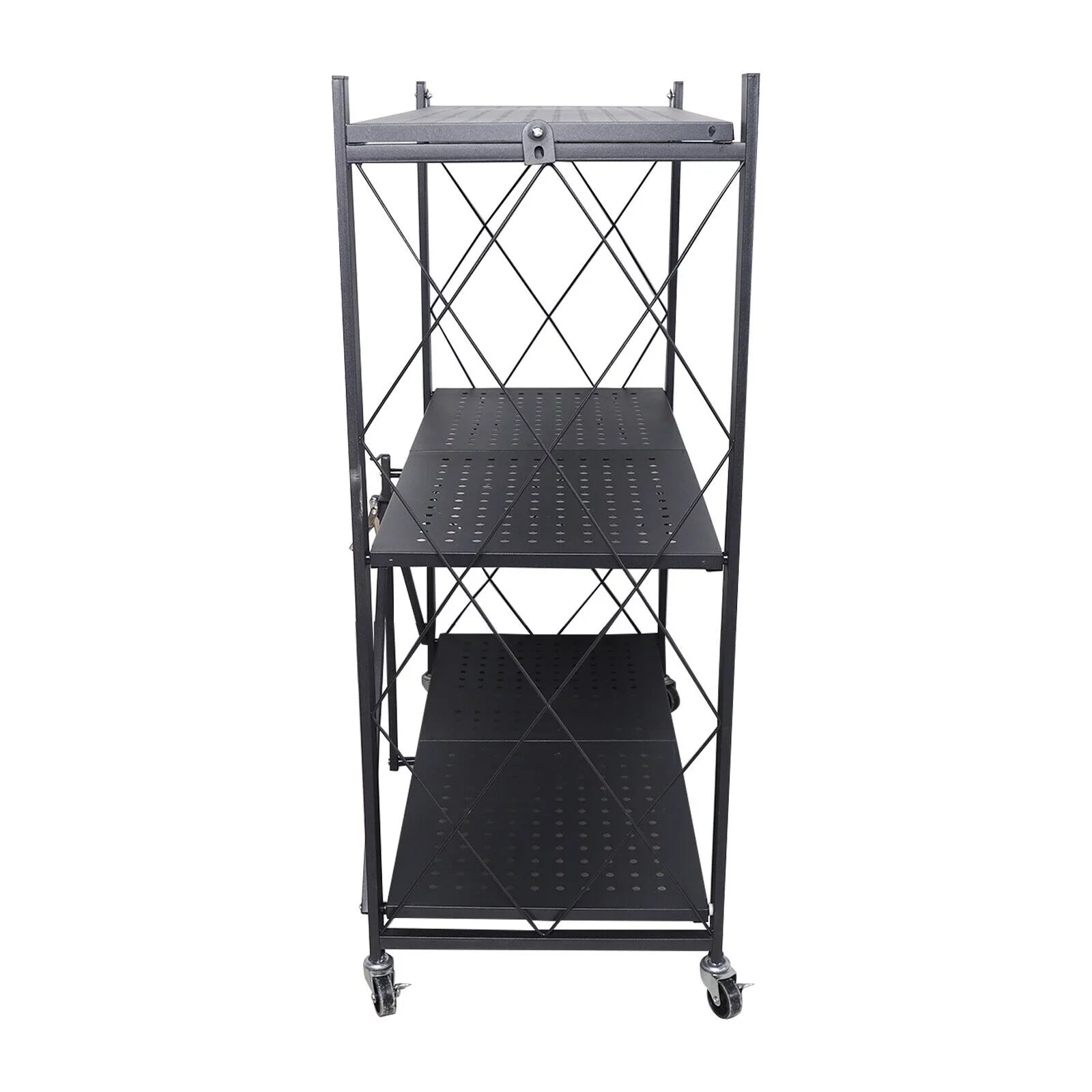 Miumaeov 3-Tier Kitchen Foldable Metal Rolling Trolley Cart Movable Utility Rack Storage Shelves Holder with Wheel (Black)