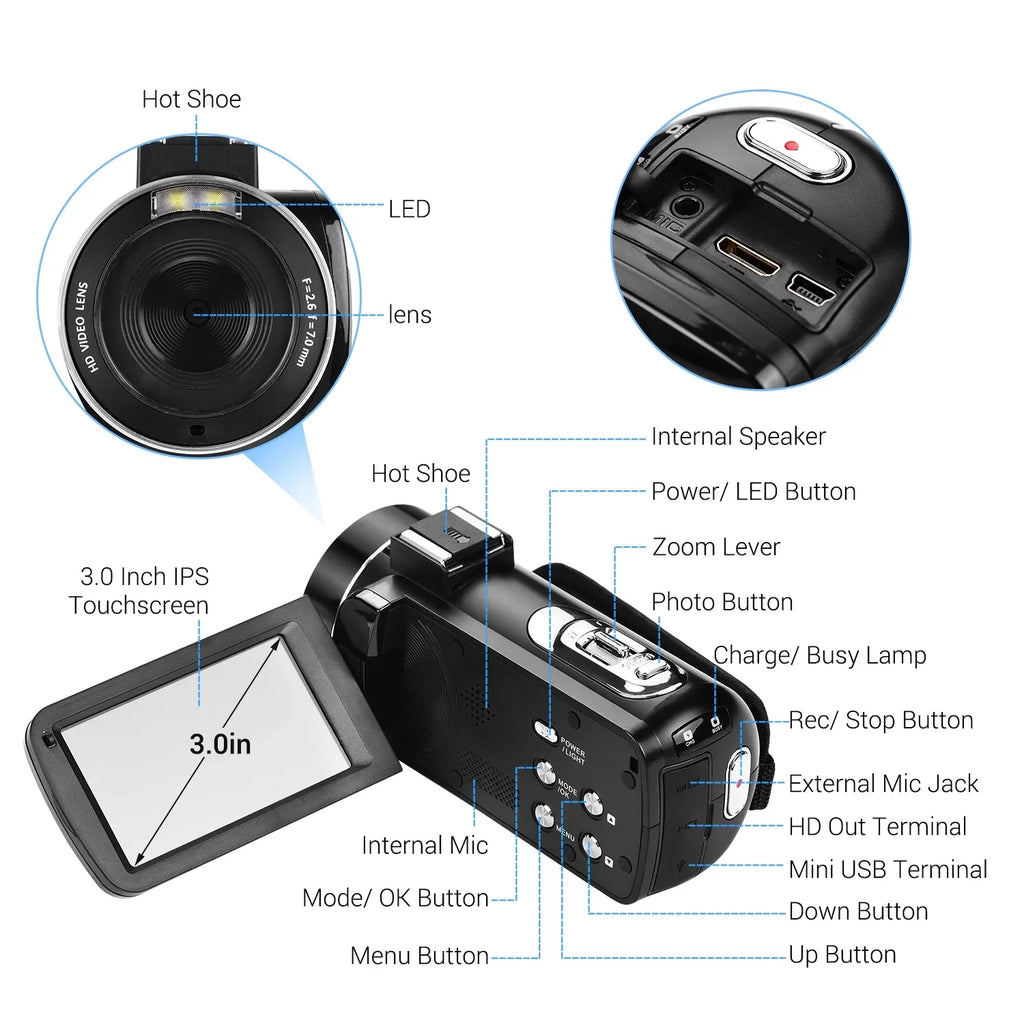 Andoer 4K Handheld  Professional Digital Video  Sensor Camcorder with Hot Shoe for Mounting Microphone 3.0 Inch  Monitor Burst -Shaking Function