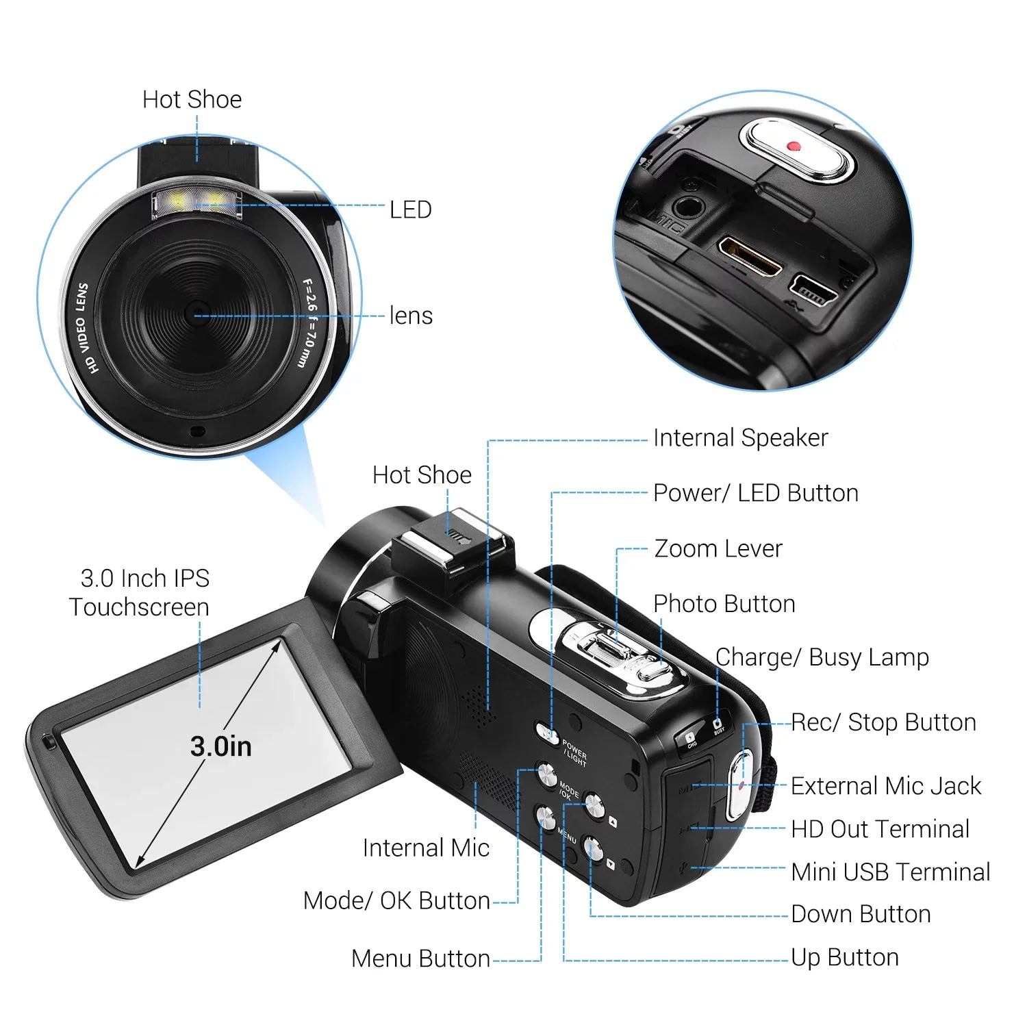 Andoer 4K Handheld  Professional Digital Video  Sensor Camcorder with Hot Shoe for Mounting Microphone 3.0 Inch  Monitor Burst -Shaking Function